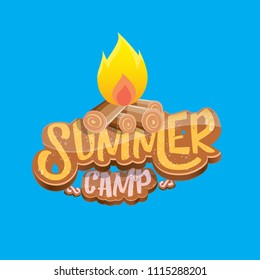 vector summer kids camp cartoon style logo with campfire isolated on blue background. Summer camp creative funky flyer, funny banner or poster design template with fireplace and calligraphic text.