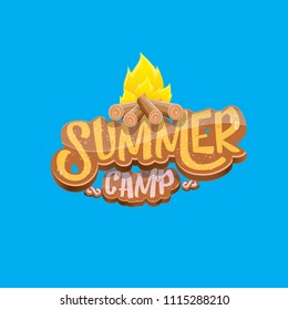 vector summer kids camp cartoon style logo with campfire isolated on blue background. Summer camp creative funky flyer, funny banner or poster design template with fireplace and calligraphic text.