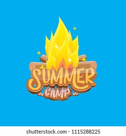 vector summer kids camp cartoon style logo with campfire isolated on blue background. Summer camp creative funky flyer, funny banner or poster design template with fireplace and calligraphic text.