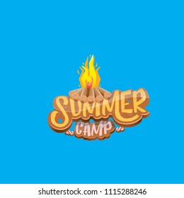 vector summer kids camp cartoon style logo with campfire isolated on blue background. Summer camp creative funky flyer, funny banner or poster design template with fireplace and calligraphic text.