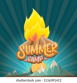 vector summer kids camp cartoon style logo with campfire isolated on mountain landscape background. Summer camp creative funky flyer, funny banner or poster design template with mountains and sun