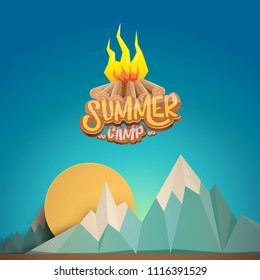 vector summer kids camp cartoon style logo with campfire isolated on mountain landscape background. Summer camp creative funky flyer, funny banner or poster design template with mountains and sun