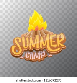 vector summer kids camp cartoon style logo with campfire isolated on transparent background. Summer camp creative funky flyer, funny banner or poster design with fireplace and calligraphic text.