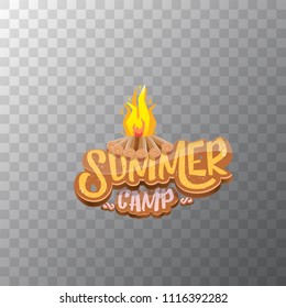 vector summer kids camp cartoon style logo with campfire isolated on transparent background. Summer camp creative funky flyer, funny banner or poster design with fireplace and calligraphic text.