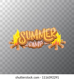 vector summer kids camp cartoon style logo with campfire isolated on transparent background. Summer camp creative funky flyer, funny banner or poster design with fireplace and calligraphic text.