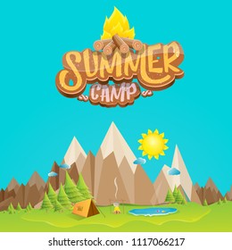 vector summer kids camp cartoon style logo with campfire isolated on mountain landscape background. Summer camp creative funky flyer, funny banner or poster design template with mountains and sun