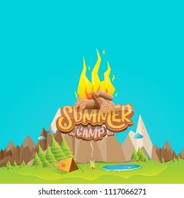 vector summer kids camp cartoon style logo with campfire isolated on mountain landscape background. Summer camp creative funky flyer, funny banner or poster design template with mountains and sun