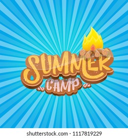 vector summer kids camp cartoon style logo with campfire isolated on blue background. Summer camp creative funky flyer, funny banner or poster design template with fireplace and calligraphic text.