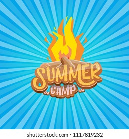 vector summer kids camp cartoon style logo with campfire isolated on blue background. Summer camp creative funky flyer, funny banner or poster design template with fireplace and calligraphic text.