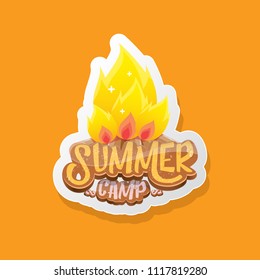 vector summer kids camp cartoon style logo with campfire isolated on orange background. Summer camp vintage funky flyer, funny label or poster design template with fireplace and calligraphic text
