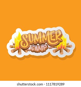 vector summer kids camp cartoon style logo with campfire isolated on orange background. Summer camp vintage funky flyer, funny label or poster design template with fireplace and calligraphic text