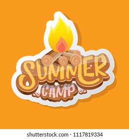 vector summer kids camp cartoon style logo with campfire isolated on orange background. Summer camp vintage funky flyer, funny label or poster design template with fireplace and calligraphic text