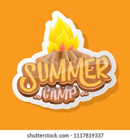 vector summer kids camp cartoon style logo with campfire isolated on orange background. Summer camp vintage funky flyer, funny label or poster design template with fireplace and calligraphic text