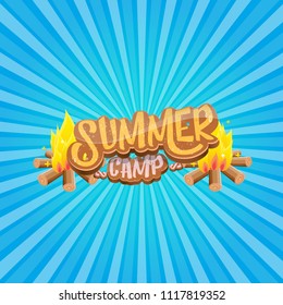 vector summer kids camp cartoon style logo with campfire isolated on blue background. Summer camp creative funky flyer, funny banner or poster design template with fireplace and calligraphic text.