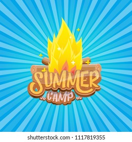 vector summer kids camp cartoon style logo with campfire isolated on blue background. Summer camp creative funky flyer, funny banner or poster design template with fireplace and calligraphic text.