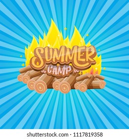 vector summer kids camp cartoon style logo with campfire isolated on blue background. Summer camp creative funky flyer, funny banner or poster design template with fireplace and calligraphic text.