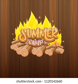 vector summer kids camp cartoon style logo with campfire isolated on wooden background. Summer camp creative funky flyer, funny banner or poster design template with fireplace and calligraphic text.