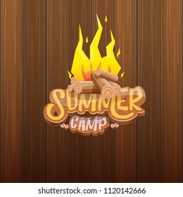 vector summer kids camp cartoon style logo with campfire isolated on wooden background. Summer camp creative funky flyer, funny banner or poster design template with fireplace and calligraphic text.