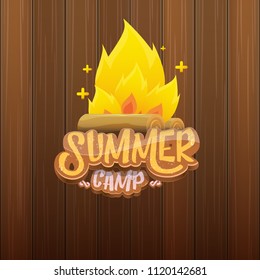 vector summer kids camp cartoon style logo with campfire isolated on wooden background. Summer camp creative funky flyer, funny banner or poster design template with fireplace and calligraphic text.