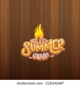 vector summer kids camp cartoon style logo with campfire isolated on wooden background. Summer camp creative funky flyer, funny banner or poster design template with fireplace and calligraphic text.