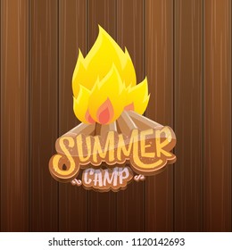 vector summer kids camp cartoon style logo with campfire isolated on wooden background. Summer camp creative funky flyer, funny banner or poster design template with fireplace and calligraphic text.
