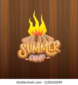 vector summer kids camp cartoon style logo with campfire isolated on wooden background. Summer camp creative funky flyer, funny banner or poster design template with fireplace and calligraphic text.