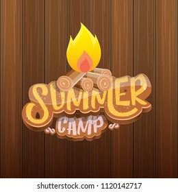 vector summer kids camp cartoon style logo with campfire isolated on wooden background. Summer camp creative funky flyer, funny banner or poster design template with fireplace and calligraphic text.