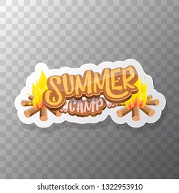 vector summer kids camp cartoon logo with campfire isolated on transparent background. Summer camp vintage funky flyer, funny label or poster design template with fireplace and calligraphic text 