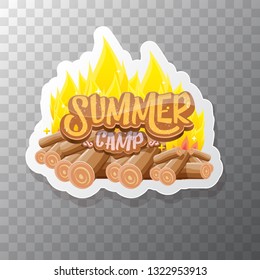 vector summer kids camp cartoon logo with campfire isolated on transparent background. Summer camp vintage funky flyer, funny label or poster design template with fireplace and calligraphic text 