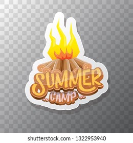 vector summer kids camp cartoon logo with campfire isolated on transparent background. Summer camp vintage funky flyer, funny label or poster design template with fireplace and calligraphic text 