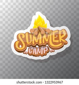 vector summer kids camp cartoon logo with campfire isolated on transparent background. Summer camp vintage funky flyer, funny label or poster design template with fireplace and calligraphic text 