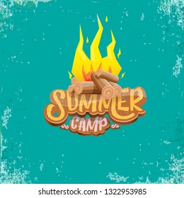vector summer kids camp cartoon style logo with campfire isolated on azure background. Summer camp creative funky flyer, funny banner or poster design template with fireplace and calligraphic text.