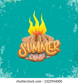 vector summer kids camp cartoon style logo with campfire isolated on azure background. Summer camp creative funky flyer, funny banner or poster design template with fireplace and calligraphic text.
