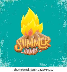 vector summer kids camp cartoon style logo with campfire isolated on azure background. Summer camp creative funky flyer, funny banner or poster design template with fireplace and calligraphic text.