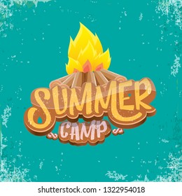 vector summer kids camp cartoon style logo with campfire isolated on azure background. Summer camp creative funky flyer, funny banner or poster design template with fireplace and calligraphic text.