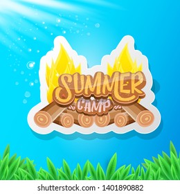 vector summer kids camp cartoon logo with campfire isolated on blue sky background. Summer camp vintage funky flyer, funny label or poster design template with fireplace and calligraphic text 