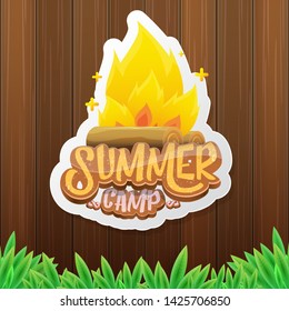 vector summer kids camp cartoon logo with campfire isolated on wooden background. Summer camp vintage funky flyer, funny label or poster design template with fireplace and calligraphic text 
