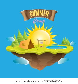 Vector summer kids camp concept illustration with green valley, trees, summer sun, clouds, camp fire, camping tent and blue lake. Summer holiday or camp label design template