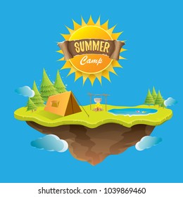 Vector Summer Kids Camp Concept Illustration With Green Valley, Trees, Summer Sun, Clouds, Camp Fire, Camping Tent And Blue Lake. Summer Holiday Or Camp Label Design Template