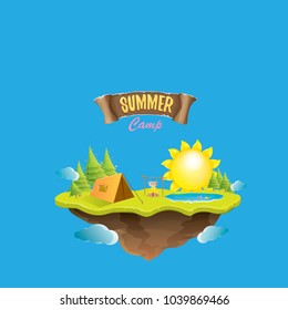 Vector summer kids camp concept illustration with green valley, trees, summer sun, clouds, camp fire, camping tent and blue lake. Summer holiday or camp label design template