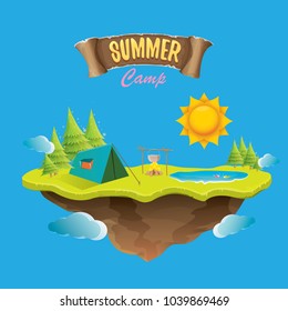 Vector summer kids camp concept illustration with green valley, trees, summer sun, clouds, camp fire, camping tent and blue lake. Summer holiday or camp label design template