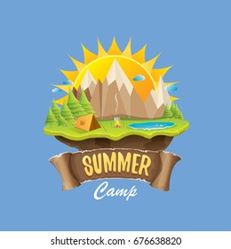 Vector summer kids camp concept illustration with green valley, mountains, trees, sun, clouds, camp fire, camping tent and blue lake. Summer camp logo or flyer illustration.
