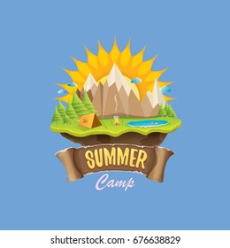 Vector summer kids camp concept illustration with green valley, mountains, trees, sun, clouds, camp fire, camping tent and blue lake. Summer camp logo or flyer illustration.