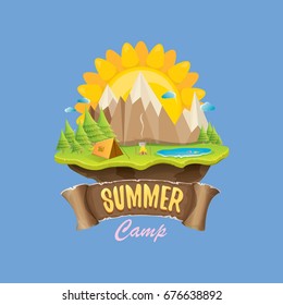 Vector summer kids camp concept illustration with green valley, mountains, trees, sun, clouds, camp fire, camping tent and blue lake. Summer camp logo or flyer illustration.