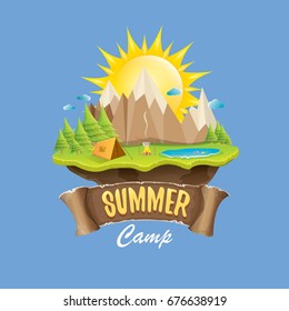 Vector summer kids camp concept illustration with green valley, mountains, trees, sun, clouds, camp fire, camping tent and blue lake. Summer camp logo or flyer illustration.