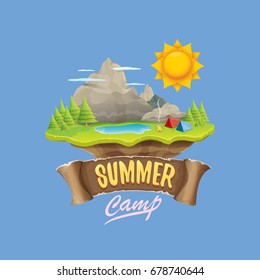 Vector Summer Kids Camp Concept Illustration With Green Valley, Mountains, Trees, Sun, Clouds, Camp Fire, Camping Tent And Blue Lake. Summer Camp Logo Or Flyer Illustration.