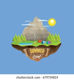 Vector summer kids camp concept illustration with green valley, mountains, trees, sun, clouds, camp fire, camping tent and blue lake. Summer camp logo or flyer illustration.