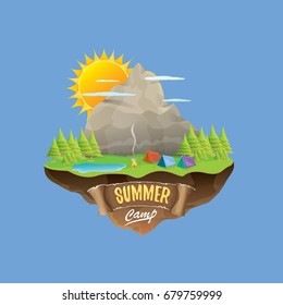 Vector summer kids camp concept illustration with green valley, mountains, trees, sun, clouds, camp fire, camping tent and blue lake. Summer camp logo or flyer illustration.