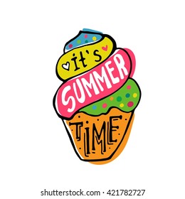Vector  summer label, card, poster, placard, flyer design. Hand drawn doodle illustrations with ice cream.  lettering. 