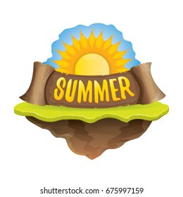 Vector summer label with  with green valley,grass, sun, clouds. Summer logo or flyer illustration. Summer landscape with blue sky